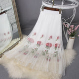 Spring Mesh Women Embroidery Elastic High Waist Floral A-Line Pleated Skirts