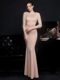 Elegant Burgund Appliques Beads Evening Dress See through Tulle Long Sleeve Dress