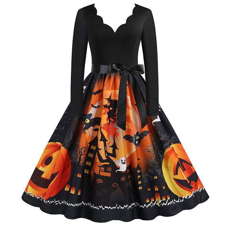 Tunic Midi Women Halloween Dress Autumn Winter Vintage Printed V-Neck Long Sleeve Swing Party Festival Sundress S~3XL Plus Size