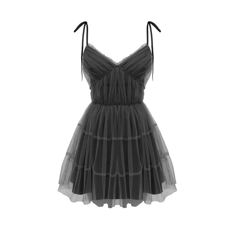 2023 Black Gothic Sexy Dress V Collar Vintage Spaghetti Strap Mesh Patchwork Mini Dresses 2021 Summer High Waist Dress For Women