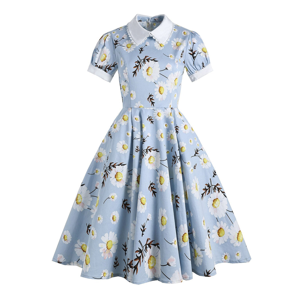 2023 Flora Blue Summer Casual A Line Women Dress With Pocket Little Daisy Peter Pan Collar Swing Rockabilly 40s 50s 60s Sundress