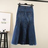 Casual Fishtail Retro Long Summer Midi Skirts Women High Waist Ruffle Jeans Bodycon Maxi Denim Skirts