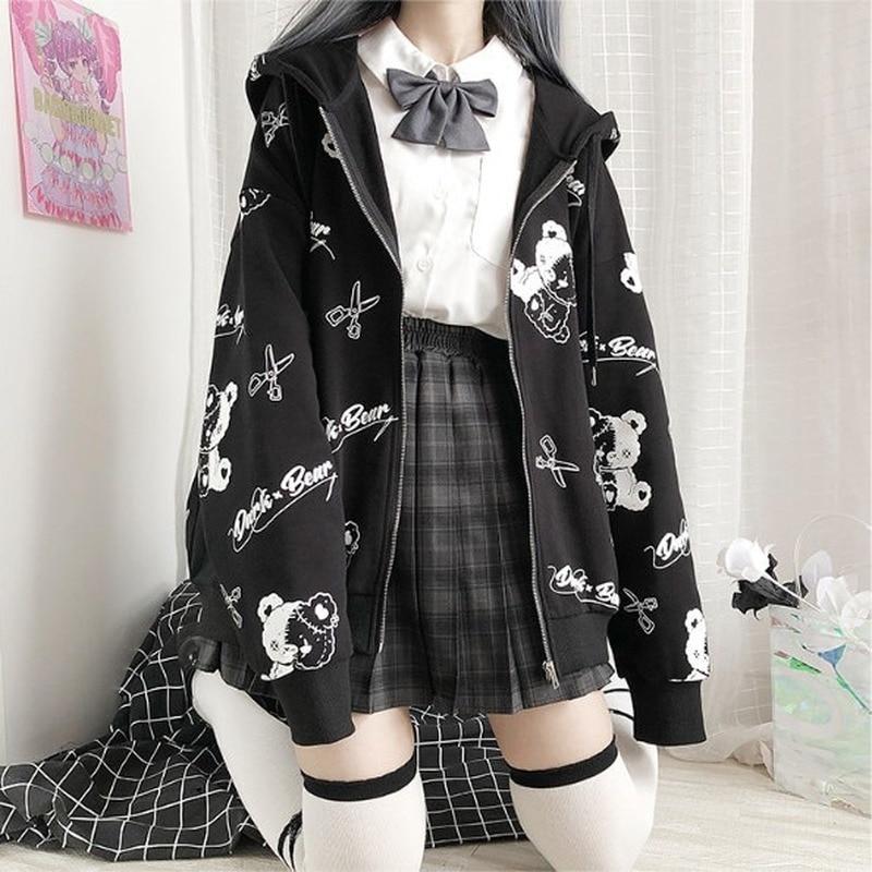 Gothic Coat Sweatshirts Women Preppy Kawaii Long Sleeve Zip Up Hoodie Japanese Cute Top