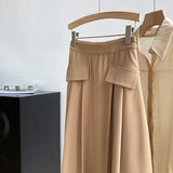 Autumn Women Vintage High Waist Elegant A-Line Solid Khaki Skirt Streetwear