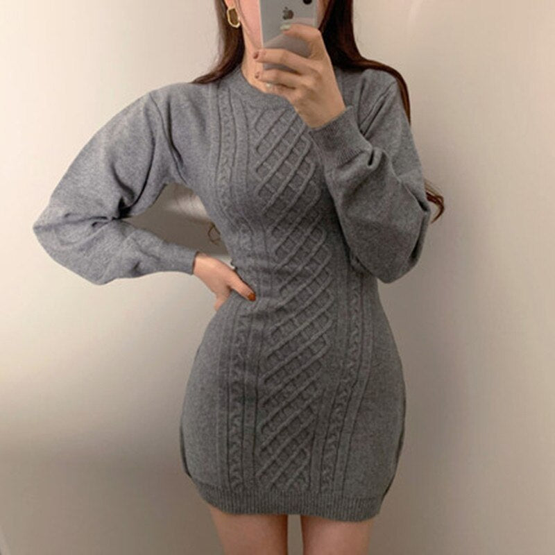 Fashion Hollow Out Waist Sweater Dress Women Autumn Winter High Elastic Twist Knitted Dress Casual Bodycon Mini Dress 4 Colors