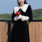 Black Vintage Velvet Dress Women Kawaii One Piece Dress Korean Fashion Long Sleeve Elegant Midi Dress Bow Design 2021 Winter