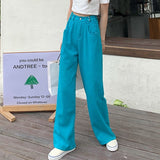 Women High Waist Casual Jeans Korean Style Solid Color All-match Denim Wide Leg Pants