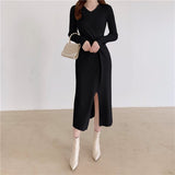 V Neck Long Sleeve Twist Ribbed Knitted Dress Fall Winter Front Slit Sexy Elegant Midi Dress