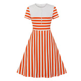 White and Orange Striped Button Up O-Neck Knitted Short Sleeve Casual Summer Vintage Style