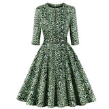 Sexy Leopard Print 3/4 Sleeve Cotton Belt Robe Pin Up Swing Retro Vintage Dresses With Pockets