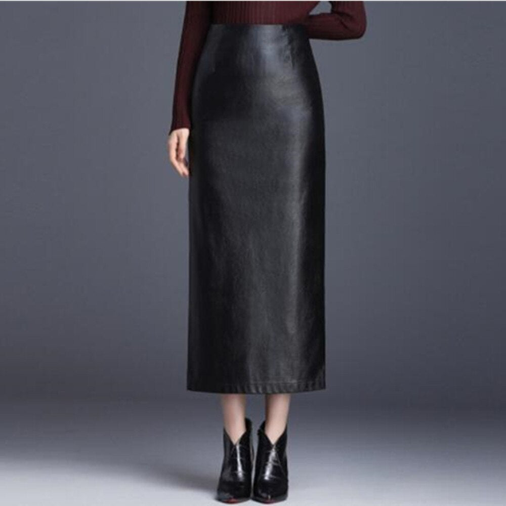Womens PU Leather Black Solid High Waist Bodycon Long Office Ankle-Length Pencil Skirt