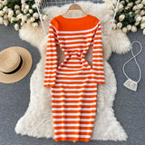 Autumn Winter Midi Round Neck Long Sleeve Elegant Striped Knitted Dress Sexy Bodycon Dress