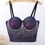 Bright Line Tassel Rhinestones Crop Tops With Built In Bra Winter Slim Push Up Bralette Sexy Ladies Show Tops