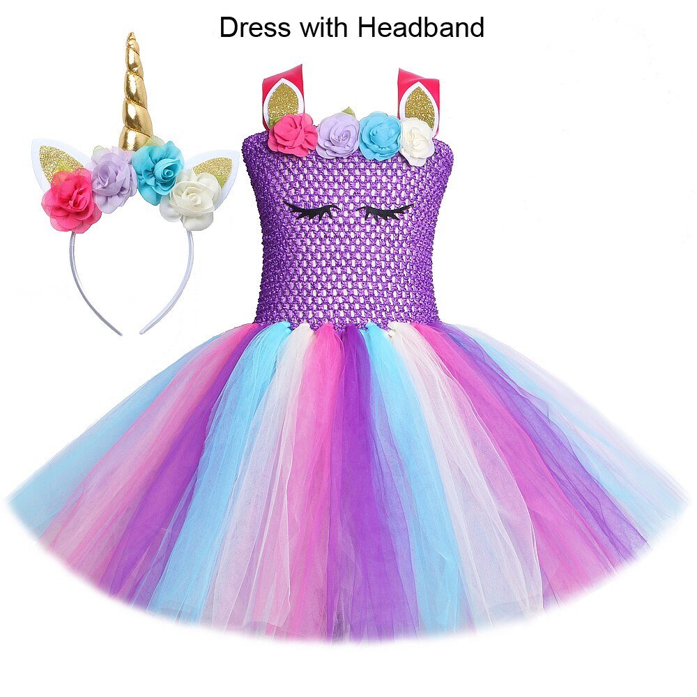 Unicorn Dress for Girls Kids Costumes Halloween Children Dresses Flowers Princess Girl Birthday Tutu Dress with Unicorn Headband