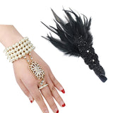 1920s Flapper Feather Headband and Pearl Bracelet Roaring 20s Great Gatsby Party Wedding Headpiece Hair Accessories Set
