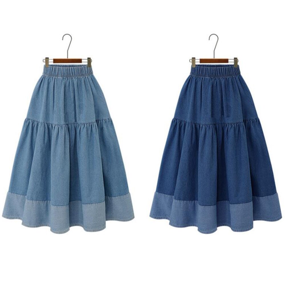 High Waist Pleated A-Line Skirt Female Korean Flared Jean Long Skirt