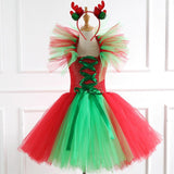 Christmas Princess Dress Reindeer Costume Cosplay Santa Claus Girls Mesh Tutu Handmade Dress Christmas Costume for Kids