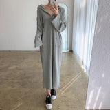 Front Pocket Casual Loose Midi Dress Hooded Long Sleeve Sweatshirt Hoodie Dress