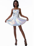 Women A Line Adjustable Straps Pleated Mini Overall Pinafore Dress Wet Look Clubwear Sexy Holographic Suspenders Dress