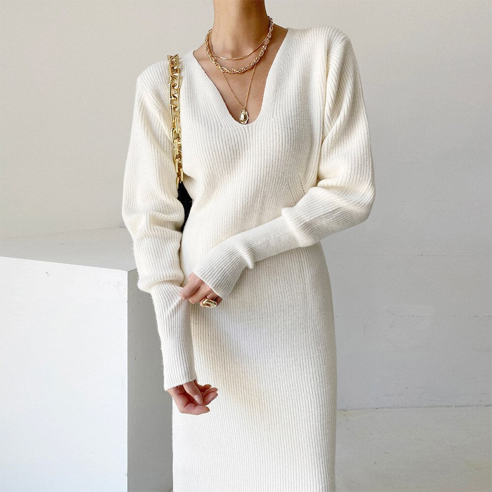 Elegant Winter Warm Thick Soft Knitted Sweater Dress Woman Long Sleeve U Neck Bodycon Midi Dress