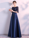 Navy Blue Homecoming Dress Half Sleeve Formal Dress O-neck Elegant Robe De Soriee Floor-length A-line Satin Party Prom Gowns