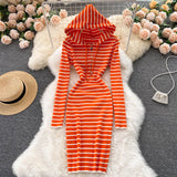 Long Sleeve Hooded Knitted Striped Dresses Women Autumn Winter Casual Sweater Dress