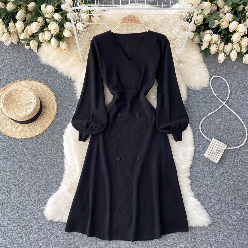 Autumn Winter Dress Women Clothing Long Sleeve V Neck Button Knee Length Midi Dress Elegant Office Knitted Dress