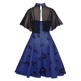 Chiffon Cape Bat Print Elegant Summer Midi Dress High Waist Vintage Style Women Halloween Party Swing Dresses