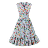 V Neck Single Breasted Multicolor Print High Waist Summer Women Ruffle Hem Sleeveless Vintage Pleated Dress