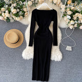 Strapless Ribbed Knitted Bodycon Dress Women Winter Long Sleeve Midi Sweater Dress Clothes