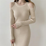 Winter Elegant Crew Neck Long Sleeve Ribbed Knitted Dress Cold Shoulder Sexy Bodycon Midi Dress