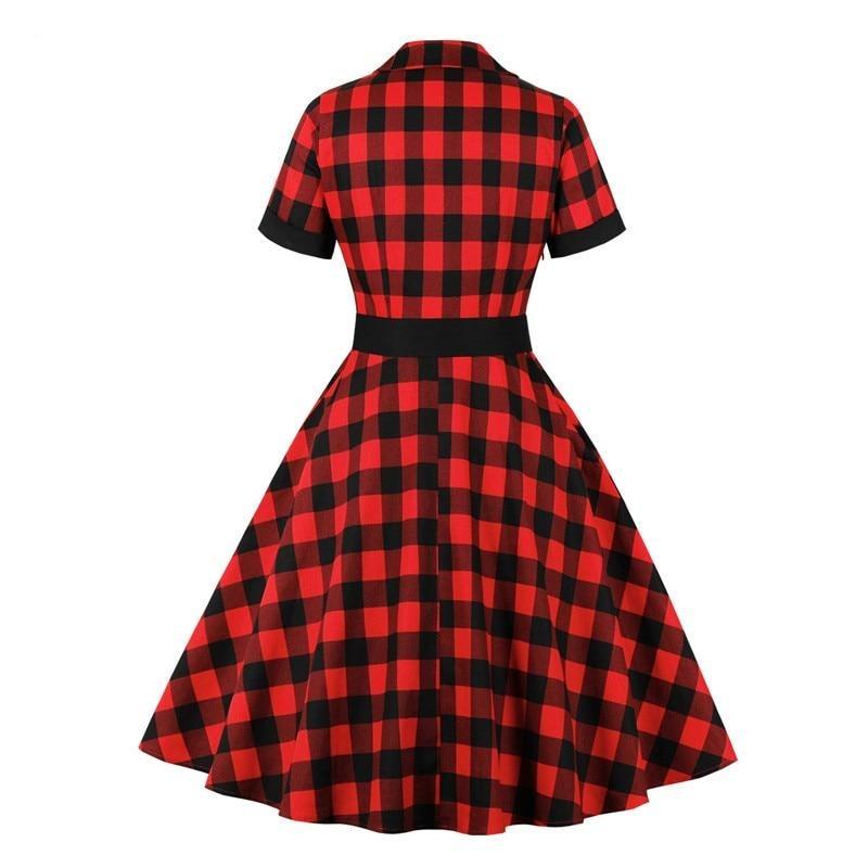 Gingham Vintage Elegant Women Turn Down Collar Button Up Rockabilly 50s Style Red Plaid Cotton Dresses with Belt