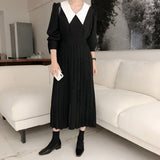 Elegant Pleated Women Spring A-Line Long Sleeve Midi Office Patchwork Dress Autumn