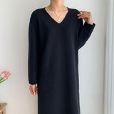 Solid Elegant Knitted Dress Autumn Winter V Neck Long Sleeve Casual Loose Midi Dress