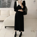 Elegant Pleated Women Spring A-Line Long Sleeve Midi Office Patchwork Dress Autumn