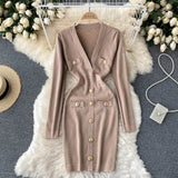 Autumn Winter Long Sleeve Office Elegant Knitted Dress Women Button Embellished Deep V Neck Sexy Mini Bodycon Dress