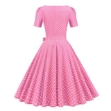 Square Neck Vintage Polka Dot A Line Swing Thin Fabric Summer Short Sleeve Casual Belted Dress