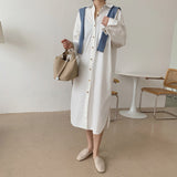 Turn-Down Collar Long Sleeve Loose Shirt Dress With Chest Pocket Button Up Solid Casual Midi Dress