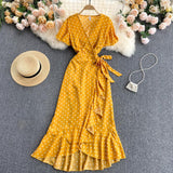 Summer Clothes Dresses For Women Elegant Vintage Ruffle Wrap Dress V Neck Short Sleeve Casual Polka Dot Midi Dress