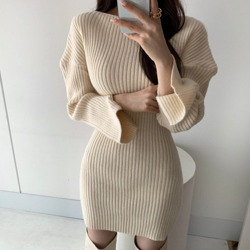 Fall Winter Elegant Warm Ribbed Knitted Bodycon Dress Round Neck Long Sleeve Solid Sexy Mini Dress