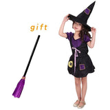 Halloween Witch Costume Attached Broom For Girls Party Role Play Cosplay Performance Dance Show Vampire Hat Dress up