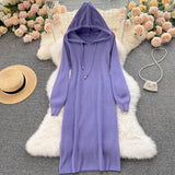 Autumn Winter Warm Hooded Long Sleeve Loose Casual Sweater Dress Ribbed Knitted Elegant Midi Dress