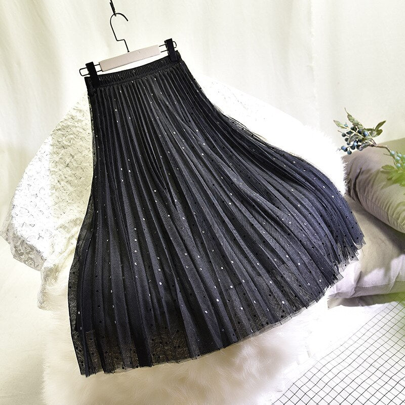 Woman Elastic High Waist Pleated Dot Chic A-Line Mesh Skirts Streetwear