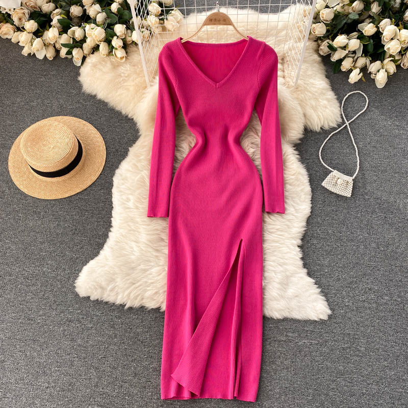 Autumn Winter Midi Dresses For Women Elegant V Neck Long Sleeve Ribbed Knitted Dress With Slit Sexy Bodycon Dress