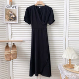 Elegant Wrap Woman V Neck Short Sleeve Solid Color Casual Belted Midi Dress