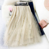 Spring Women Embroidered Sequins High Waist A-Line Mesh Skirts Sweet Streetwear