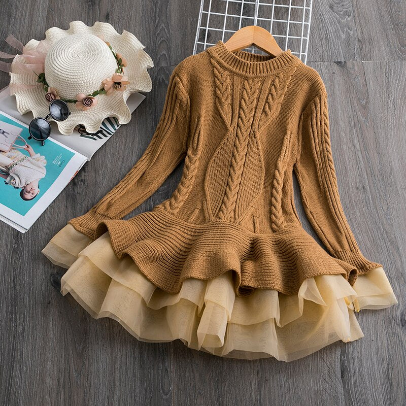 Kids Knitted Dresses For Girls Princess Tutu Long Sleeve Red Christmas Costume Children Thick Sweater Autumn Winter Clothes