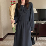 Gathered Elegant Vintage Dress Round Neck Long Sleeve A Line Casual Dress With Belt