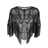 Women 1920s Flapper Embroidery Fringe Shawl Cover Up Gatsby Party Beaded Sequin Cape Vintage Mesh Scraf Wraps for Dresses