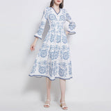 Party V Neck Flare Sleeve Lace Trim Boho Blue And White Floral Vintage Midi Dress